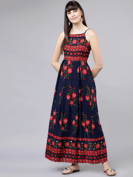 Women Navy Blue Floral Print Maxi Dress