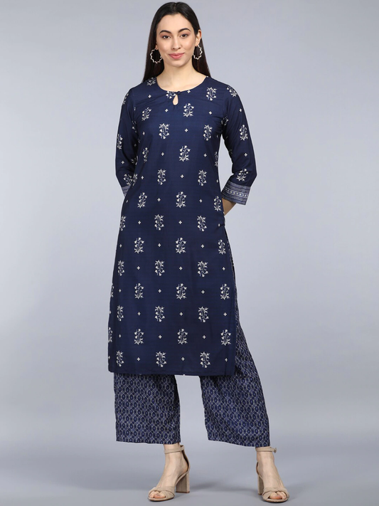 Women Navy Blue Floral Printed Kurta with Palazzos