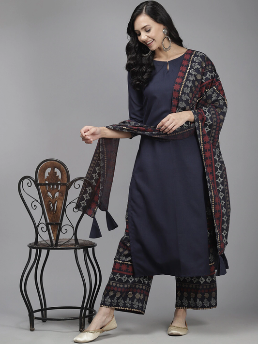 Women Navy Blue Kurta with Palazzos Set