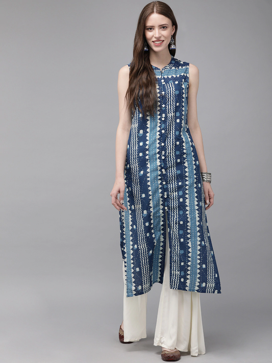 Women Navy Blue Printed A-Line Kurta