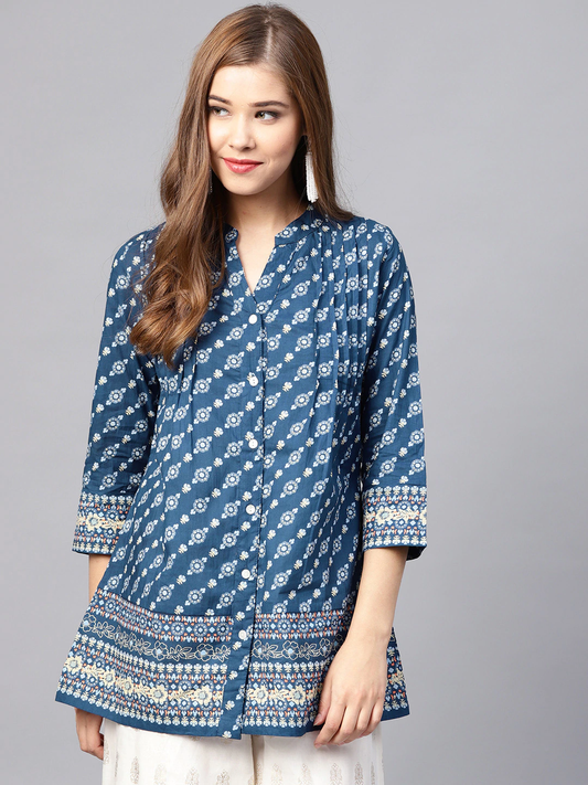 Women Navy Blue Printed A-line Kurti