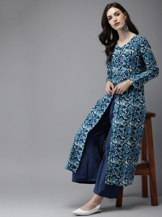 Women Navy Blue Kurta with Palazzos