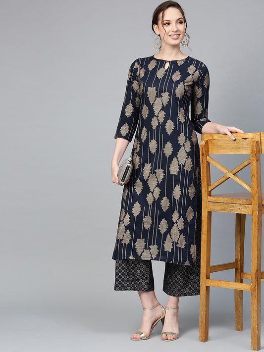 Women Navy Blue Pure Cotton Kurta Set