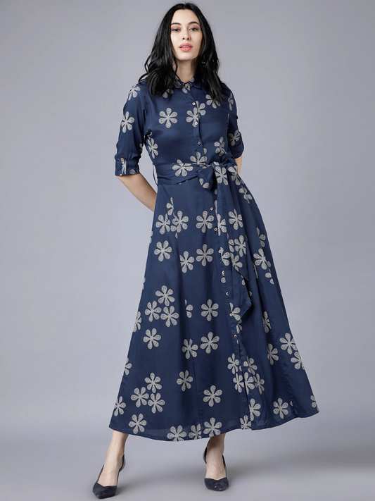 Women Navy Blue Printed Shirt Dress