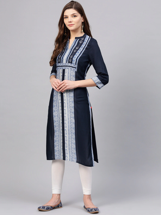 Women Navy Blue Straight Kurta