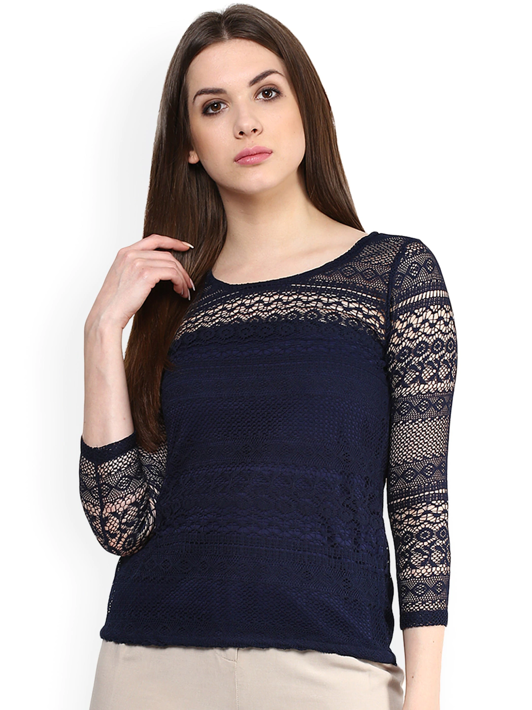 Women Navy Blue Self Design Top