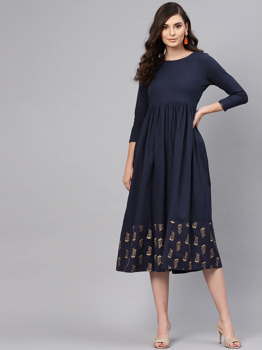 Women Navy Blue Solid A-Line Dress