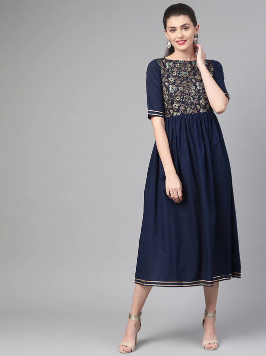 Women Navy Blue Solid A-Line Dress