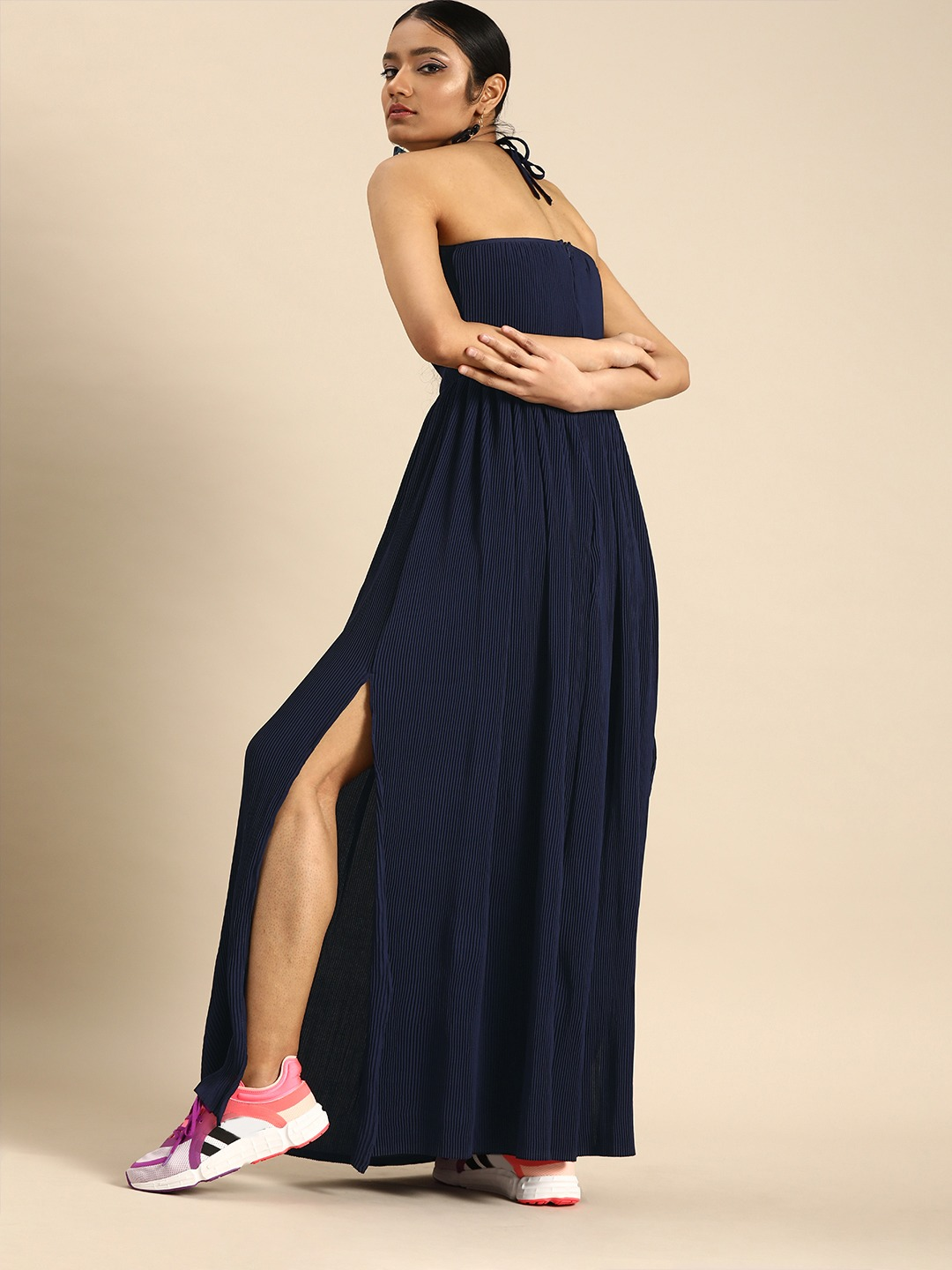 Women Navy Blue Solid Maxi Dress