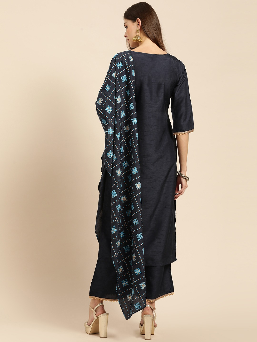 Women Navy Blue Kurta Set with Palazzos & Dupatta