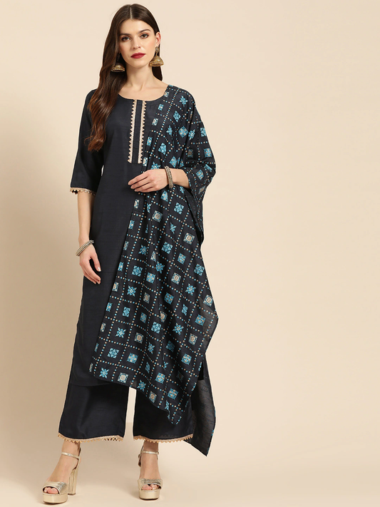 Women Navy Blue Kurta Set with Palazzos & Dupatta