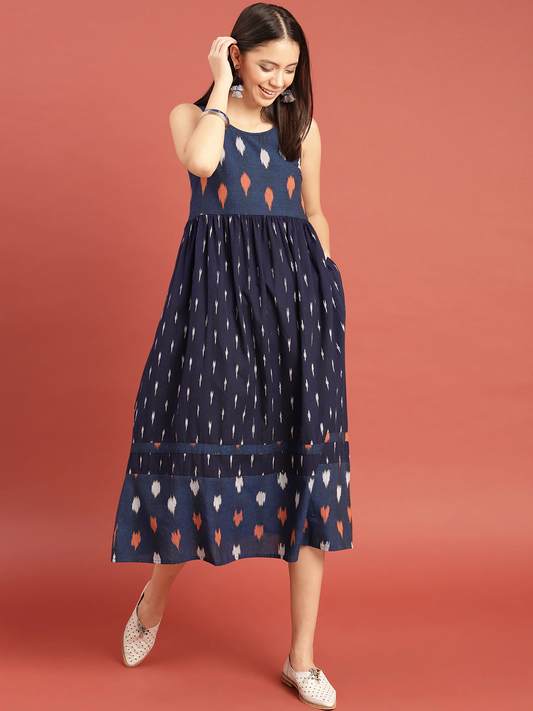 Women Navy Blue Woven Design Dress