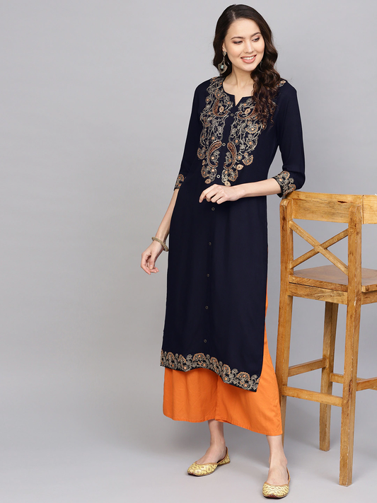 Women Navy Blue Straight Kurta