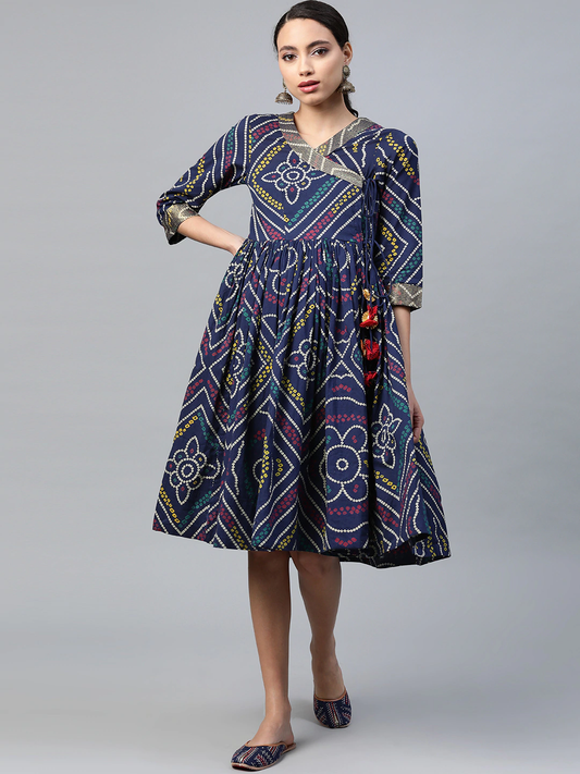 Women Bandhani Printed Pure Cotton A-Line Dress