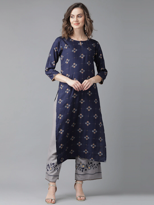Women Navy Blue & Beige Keyhole Neck Kurta
