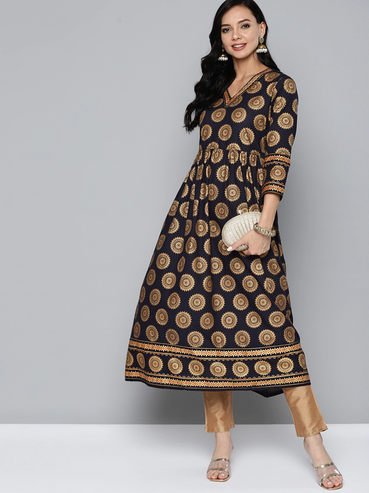 Women Navy Blue & Golden Printed Anarkali Kurta