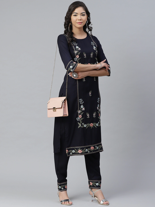 Women Navy Blue Embroidered Kurta with Palazzos