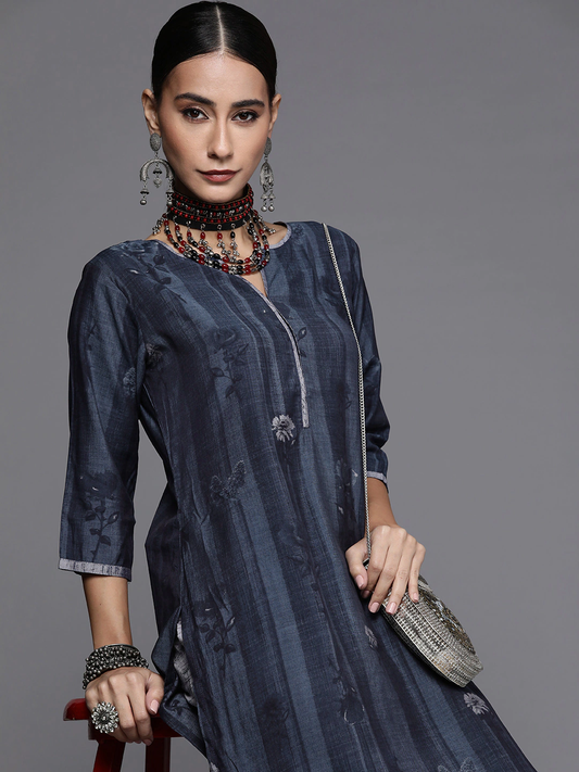 Women Navy Blue & Grey Kurta Set