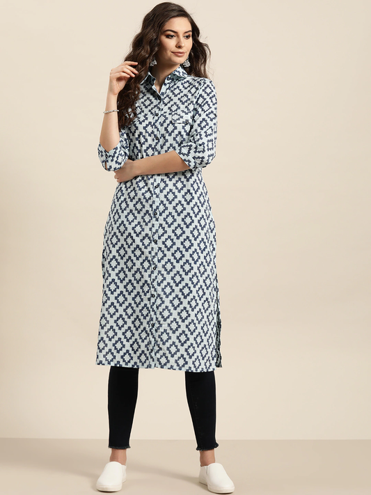 Women Navy Blue Cotton Kurta