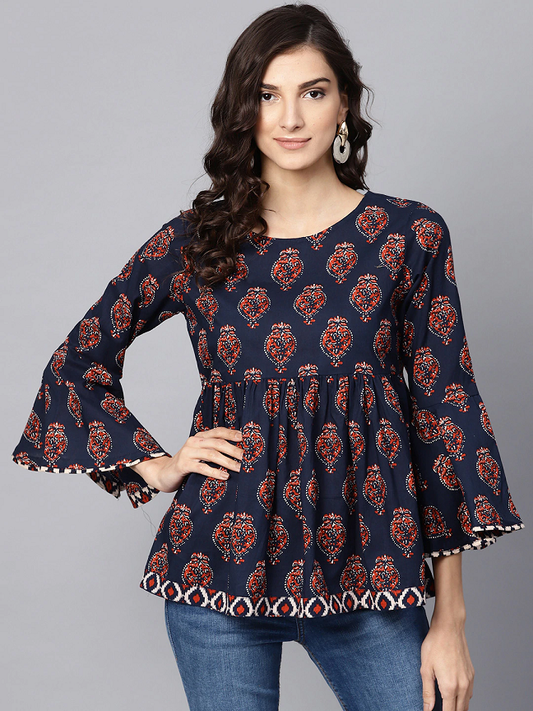 Women Navy Blue Printed Empire Top