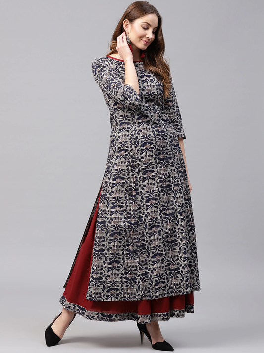 Women Navy Blue & Maroon Kurta with Skirt