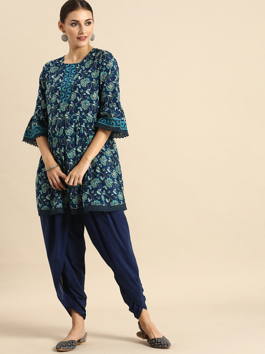 Women Navy Blue Floral Printed Kurti Dhoti Set