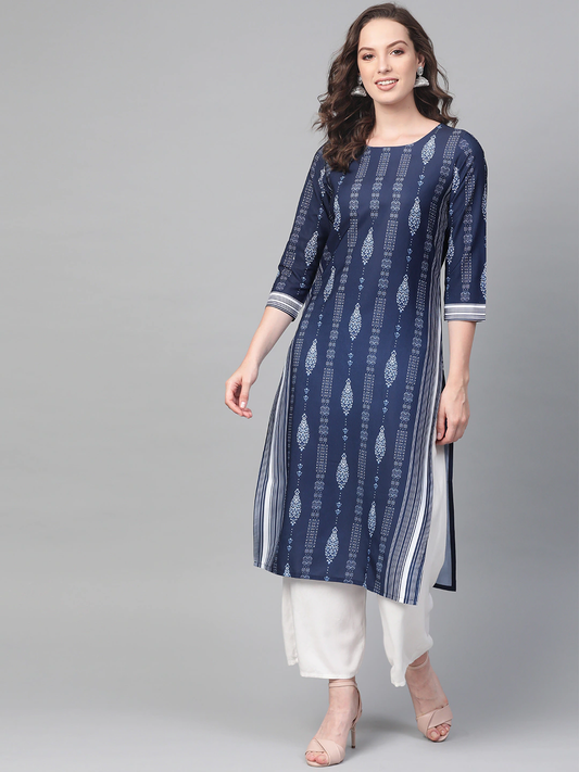 Women Navy Blue & Off-White Kurta