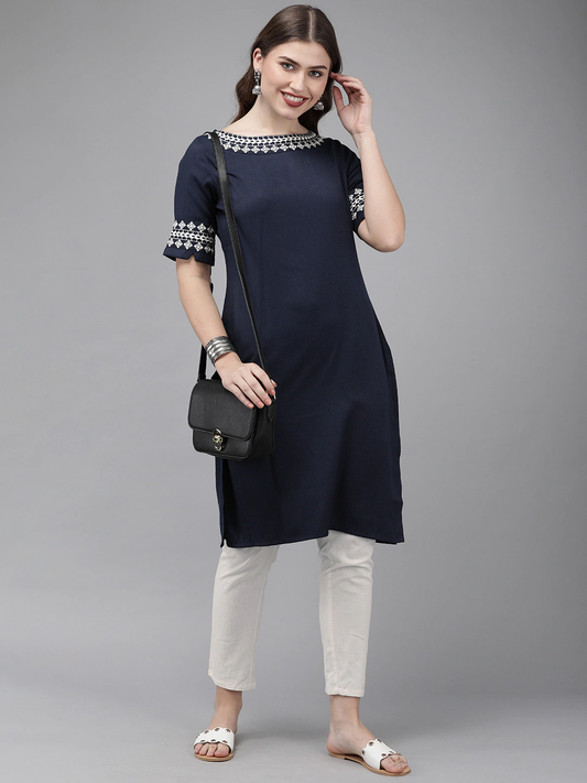 Women Navy Blue & Off-White Kurta Set