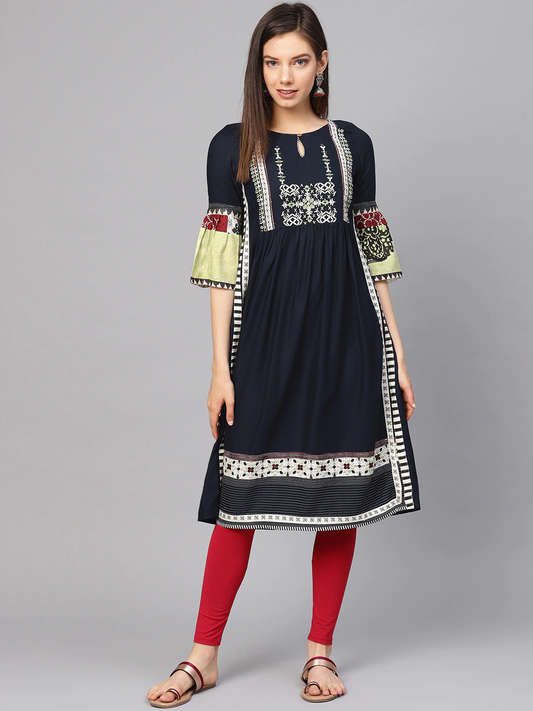 Women Navy Blue Yoke Design A-Line Kurta