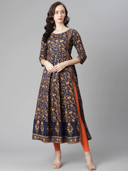 Women Navy Blue & Orange Printed Kurta Set