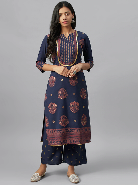 Women Navy Blue & Pink Kurta Set