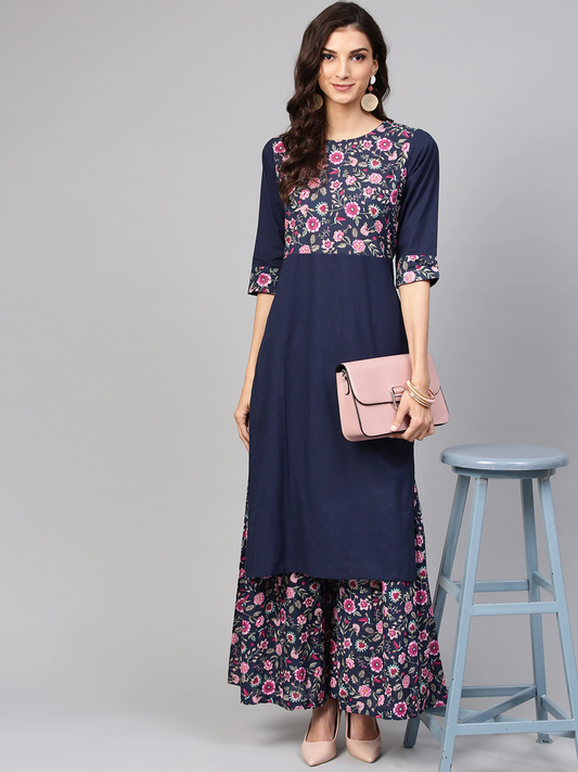 Women Navy Blue & Pink Kurta with Sharara