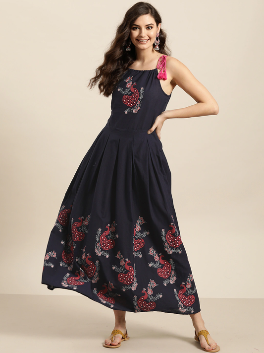 Women Navy Blue Cotton Maxi Dress
