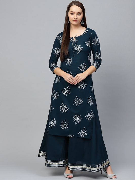 Women Navy Blue & White Kurta with Palazzos
