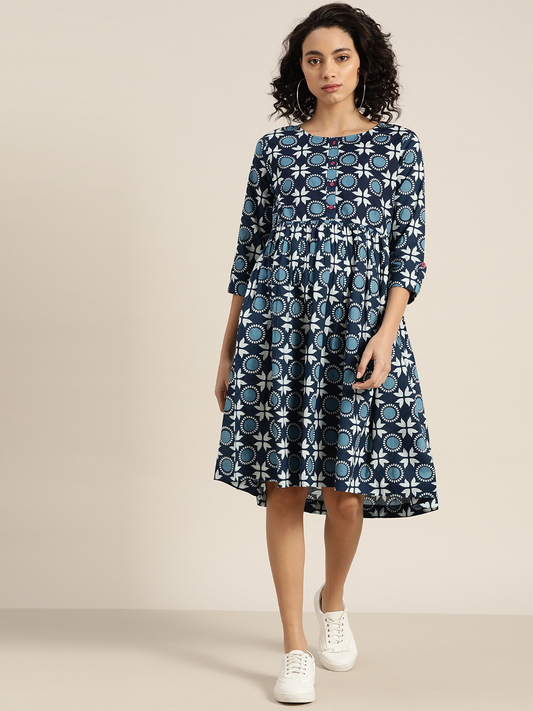 Women Navy Blue Printed A-line Dress