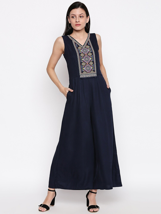 Women Navy Blue & White Basic Jumpsuit