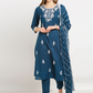 Women Navy Blue & White Embroidered Kurta Set