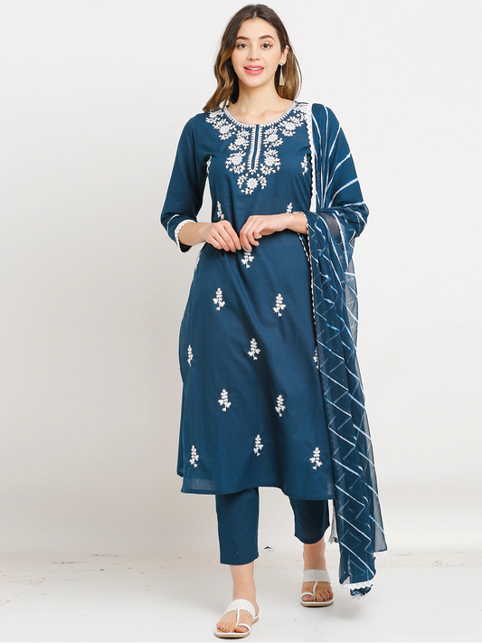 Women Navy Blue & White Embroidered Kurta Set