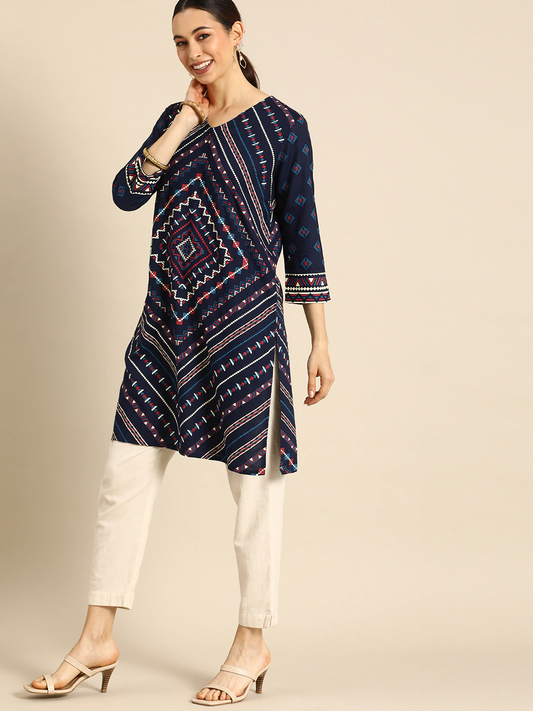 Women Navy Blue Motifs Printed Kurta