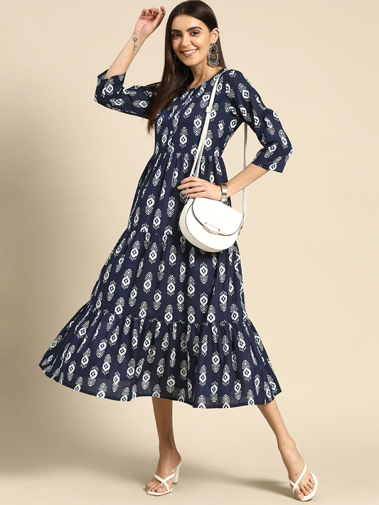 Women Navy Blue & White Ethnic Dress