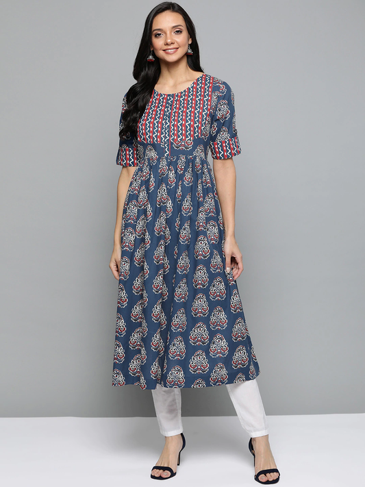 Women Navy Blue Ethnic Printed A-Line Kurta