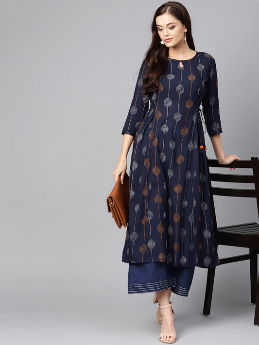 Women Navy Blue Printed A-Line Kurta