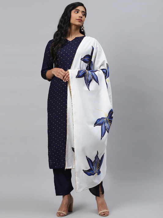 Women Navy Blue & White Printed Kurta Set