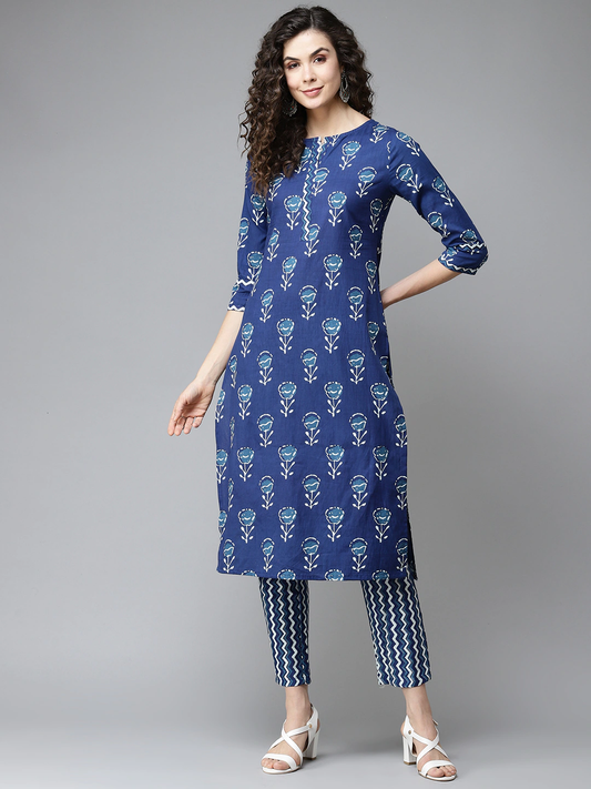 Women Navy Blue Printed Kurta Set