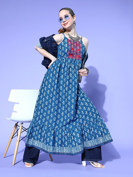 Women Navy Blue Pure Cotton A-Line Kurta