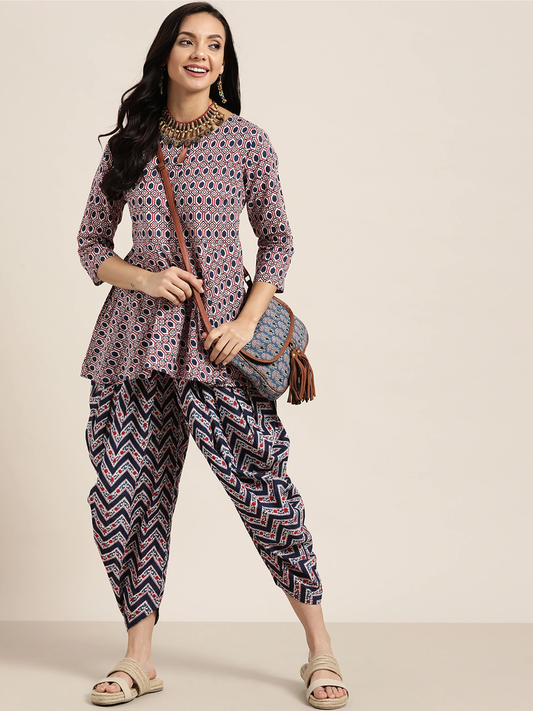 Women Navy Blue & White Kurta with Dhoti Pants