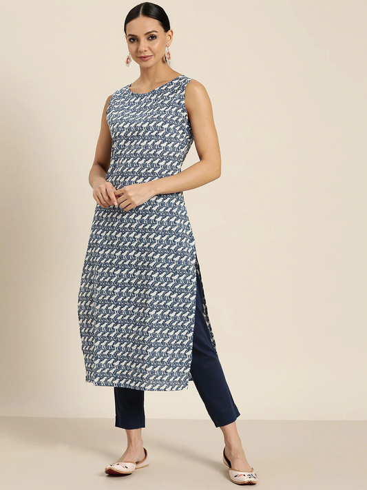 Women Navy Blue & White Printed Kurta Set