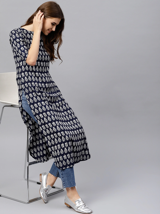 Women Navy Blue Printed Straight Kurta