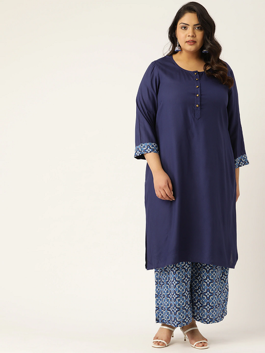 Women Navy Blue Kurta with Palazzos