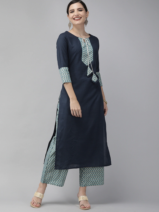 Women Navy Blue Kurta with Palazzos